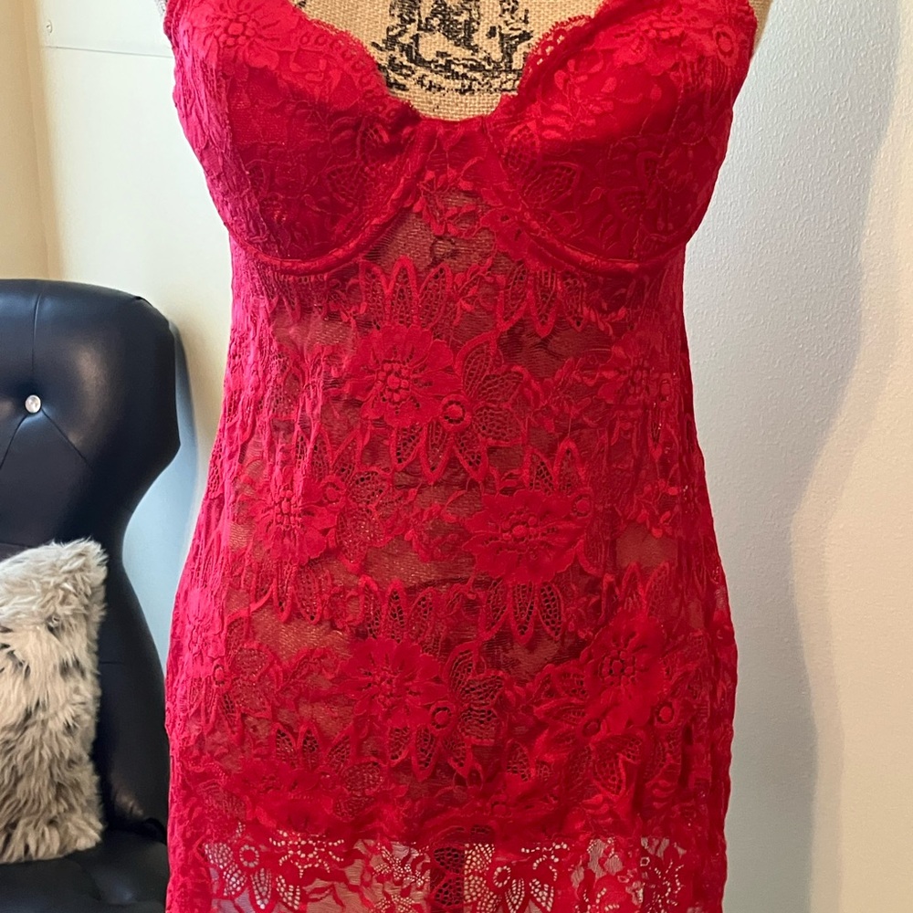Victoria's Secret Red Lace Chemise with Floral Detailing